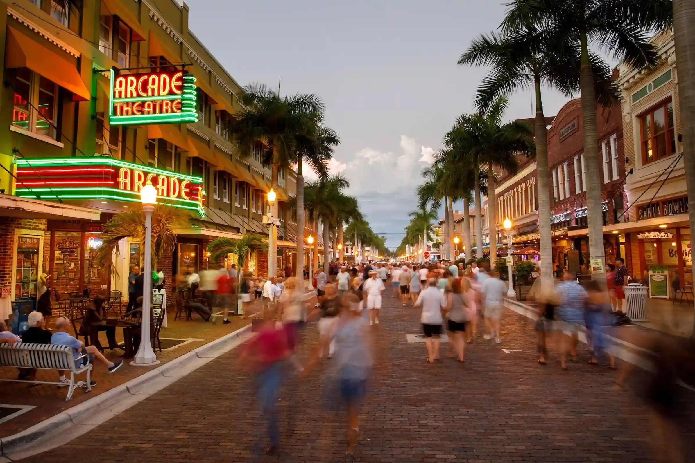 Palm-lined waterfront and marina views in Fort Myers, a vibrant coastal escape near the Best off beat place to stay in Arcadia Florida.