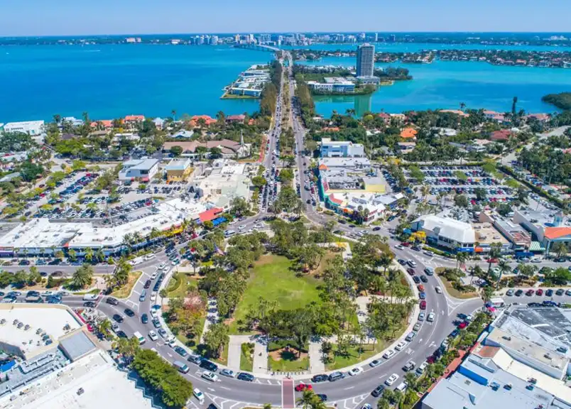 Sarasota waterfront skyline and marina with palm-lined views, a scenic day trip from Arcadia Florida, accommodations near attractions.